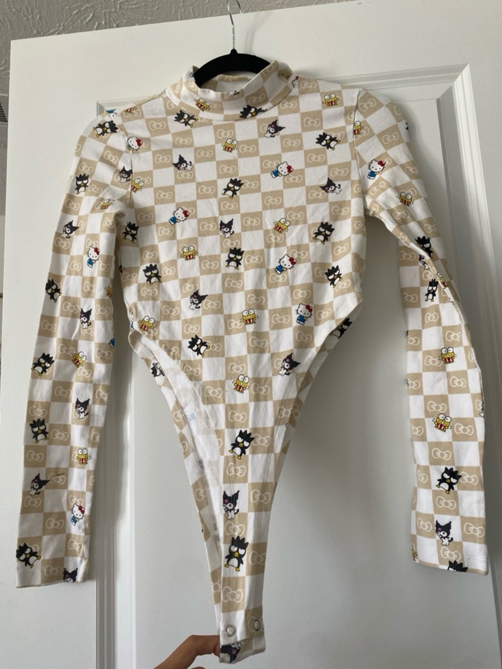 hello kitty Beige Checkerboard Character Long-Sleeve One-Piece Bodysuit
